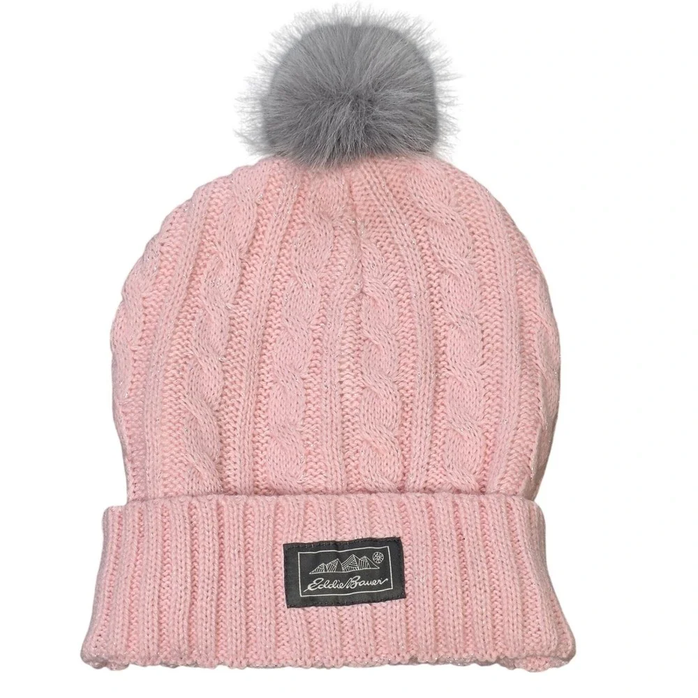 Eddie Bauer Cable Knit Beanie Girl's Pink Faux Fur‎ Pom Pom Fleece Lined Shimmer